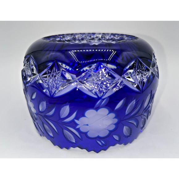 Vintage Czech Bohemian Blue Cobalt Cut to Clear Oval Sawtooth Crystal Bowl - Picture 12 of 16